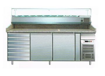 Εικόνα της Ψυγείο Πάγκος Πίτσας Συντήρηση 2 πόρτες & Συρτάρια με γρανίτη & ψυκτικό μηχάνημα για 10 GN- 1/4, 202.5x80x99 cm  